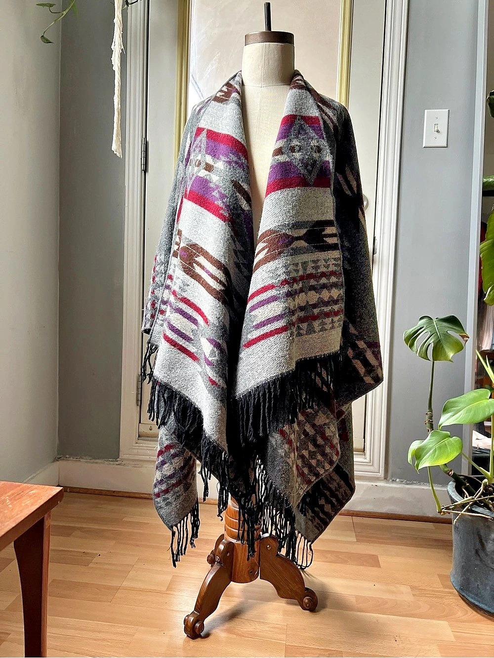 We Are Kindred ( Kiboots) reversible wool Geometric Wrap poncho cape in Gray & B